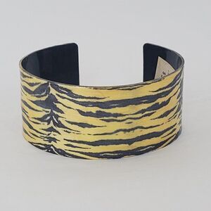 Yellow Black Tiger Stripe Glitter Enamel Metal‎ Cuff Statement Wide Bracelet